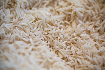 Close-up of raw white rice grains. Uncooked long-grain rice forming a textured natural background. Ideal for food, agriculture, minimalism, and culinary-themed visuals.