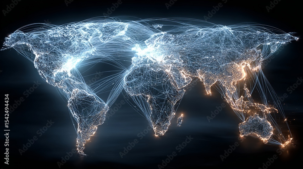 Poster a glowing world map showing global connections and networks illuminated against a dark background