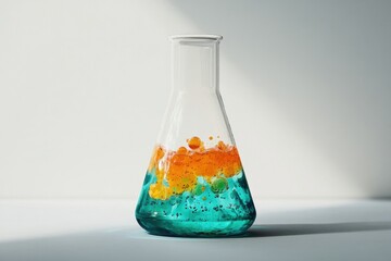 Glass flask with layered orange and teal liquids containing bubbles, set on a simple white background in a laboratory setting.