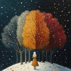 Four Seasons in one tree, woman observes