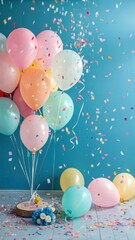 Pastel balloons and confetti celebration scene
