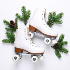 White Roller Skates Decorated with Christmas Fir Tree Branches