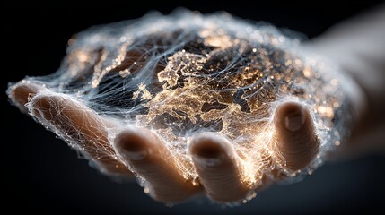 A hand holding a glowing network of connected points resembling a world map with a dark background