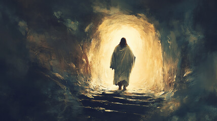Golden Hour Resurrection:  Solitary Jesus Christ Figure Emerging from Tomb, Hopeful Spiritual Scene, Dramatic Lighting. Jesus Risen From the Dead, Easter Celebration