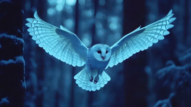 Barn owl flying through a blue-toned forest at night. AI-generated.