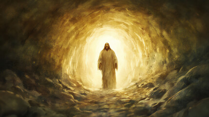 Golden Hour Resurrection:  Solitary Jesus Christ Figure Emerging from Tomb, Hopeful Spiritual Scene, Dramatic Lighting. Jesus Risen From the Dead, Easter Celebration