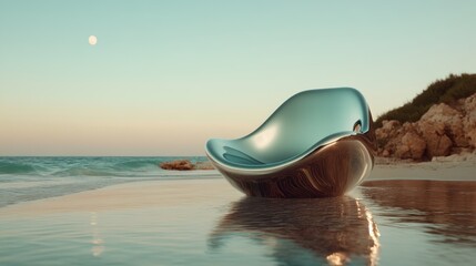 A stylish, contemporary chair rests on a serene beach, embodying elegance and relaxation against a stunning backdrop of ocean and sky during sunset.