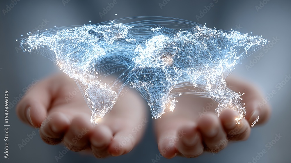 Poster world map network in hands showing global connections and communication technology concept depiction