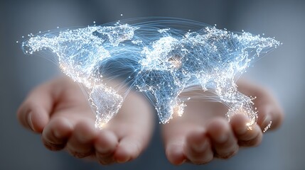 World map network in hands showing global connections and communication technology concept depiction