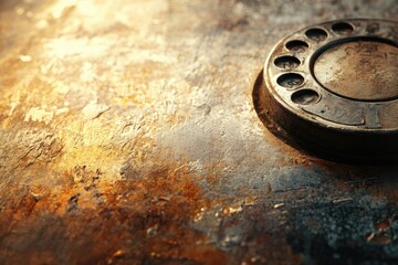 Close-up of an old, rusty rotary phone dial on a textured and weathered surface, creating a vintage effect.