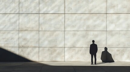 Businessman facing a light beige wall, casting a shadow