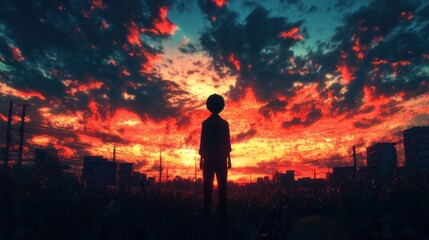 Silhouette figure amidst fiery sunset cityscapes