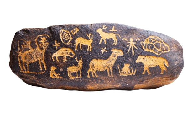 Ancient petroglyphs on stone primitive rock art with animals and symbols isolated on transparent background.
