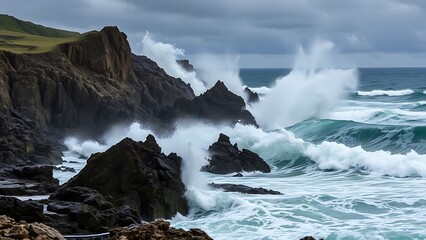 Fototapeta premium Dramatic Ocean Waves Crashing On Rocky Coastline Powerful Seascape For Nature Photography Travel Images And Coastal Wall Art Prints