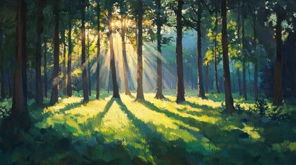 Sunlight streams through a lush forest