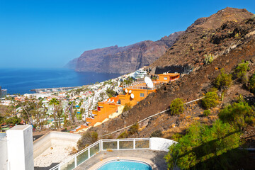 High angle view of Acantilados de Los Gigantes, Spain, a seaside resort town in the Santiago del Teide municipality on the west coast of the Canary Island Tenerife