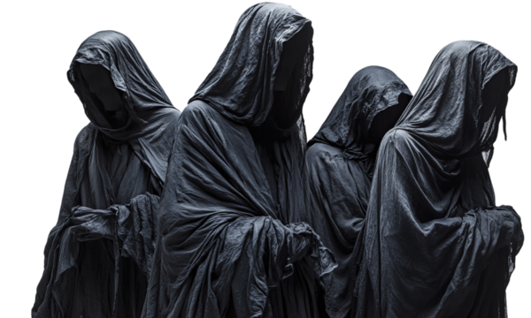 Dark cloaked figures standing against black backdrop mysterious fashion isolated on transparent background.