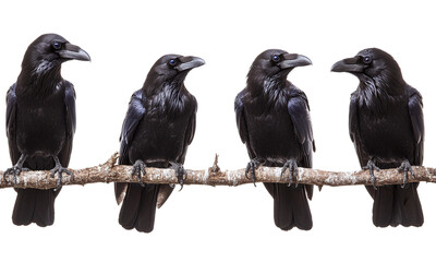 Fototapeta premium Four black ravens perched on artistic branches showcasing varied styles isolated on transparent background.