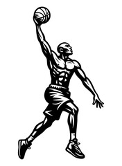 Black vector illustration of a basketball player performing a slam dunk, linocut style, isolated on transparent background.

