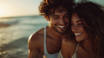 A joyful couple embraces and shares a heartfelt laugh while standing on the beach during sunset, capturing a moment of love, happiness, and connection amidst the beautiful natural scenery.