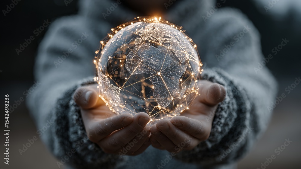 Poster person holding glowing globe with interconnected lines in their hands showing global connection