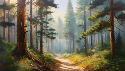oil painting of a trail in a dense forest with pine trees and a light fog