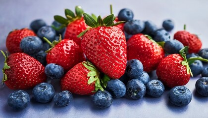 Obraz premium closeup of fresh strawberries and blueberries a vibrant delicious fruit combination