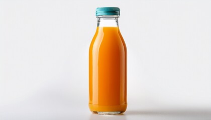 a bottle of orange juice is sitting on a white background