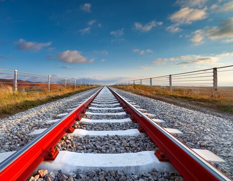 striking red and white train track a journey into the distance
