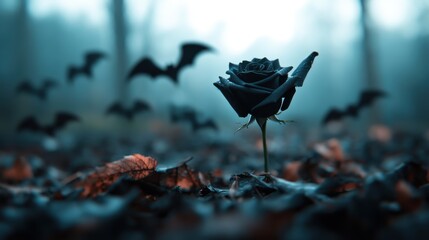 A haunting black rose blooms amid swirling bats in a foggy forest, representing themes of mystery, beauty, and the unknown in an evocative, atmospheric composition.