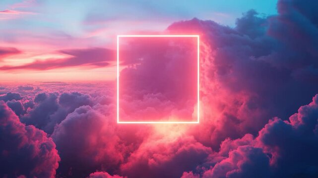 Glowing neon rectangle in a vibrant pink and blue cloudscape, digital art concept