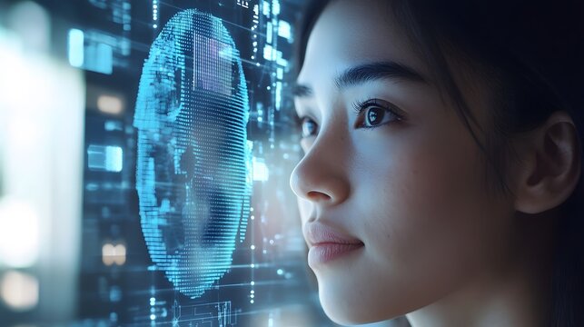 Asian woman looking at digital fingerprint hologram on transparent screen
