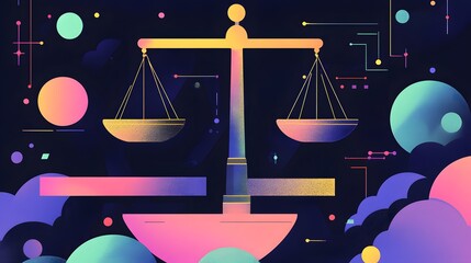 Illustration of scales of justice with colorful geometric shapes around it
