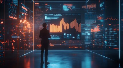 Man in suit looking at digital display with data and graphs in futuristic room