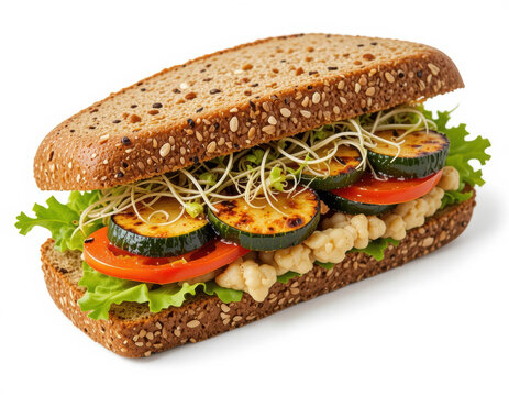 Sandwich nutritivo de lenteja, lechuga, tomate, calabacita y germinado.