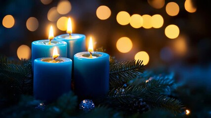 Blue candles glowing on a pine wreath with warm bokeh lights, holiday coziness - Powered by Adobe