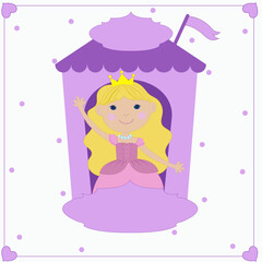 Invitation, banner, flyer, children's party, princess in the tower, crown, castle, text field, frame with hearts,