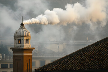White smoke rises from the chapel chimney in Vatican City, symbolizing the election of a new pope by the conclave.