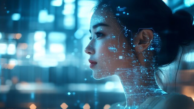 Profile of a woman with digital interface overlay against a blurred city backdrop - Powered by Adobe