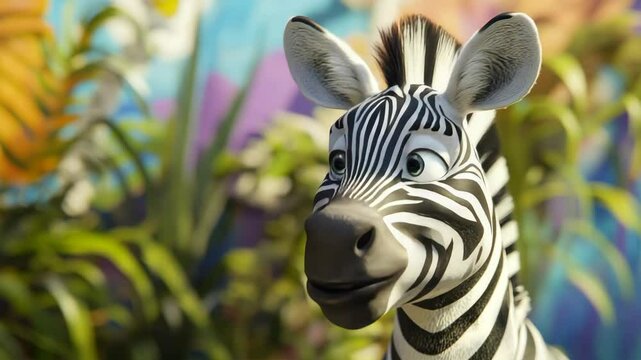 Animated zebra smiling in vibrant jungle background, 3d character illustration