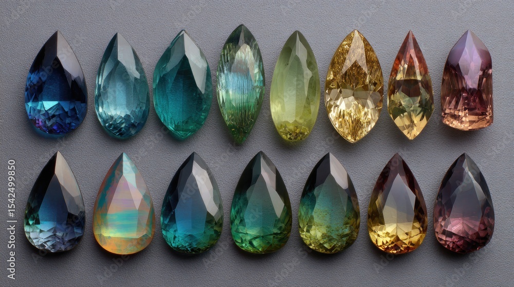 Poster cut gemstones in color gradients arranged for selecting matching pairs
