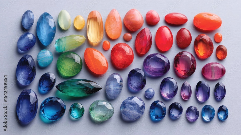 Poster cut gemstones in color gradients arranged for selecting matching pairs