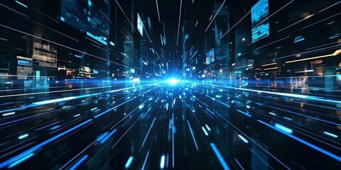 Abstract visual representation of the concept of cybersecurity. The image shows a constant flow of glowing binary code on a dark background, conveying dynamism and digital protection. In the center, a