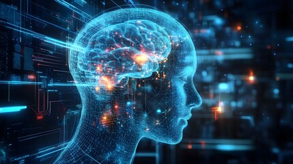 Digital human head with glowing brain and abstract technology background view