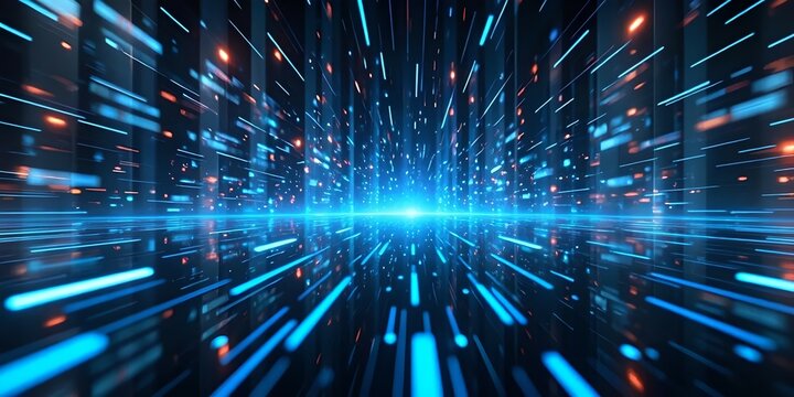 Abstract visual representation of the concept of cybersecurity. The image shows a constant flow of glowing binary code on a dark background, conveying dynamism and digital protection. In the center, a