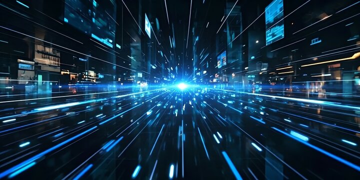 Abstract visual representation of the concept of cybersecurity. The image shows a constant flow of glowing binary code on a dark background, conveying dynamism and digital protection. In the center, a