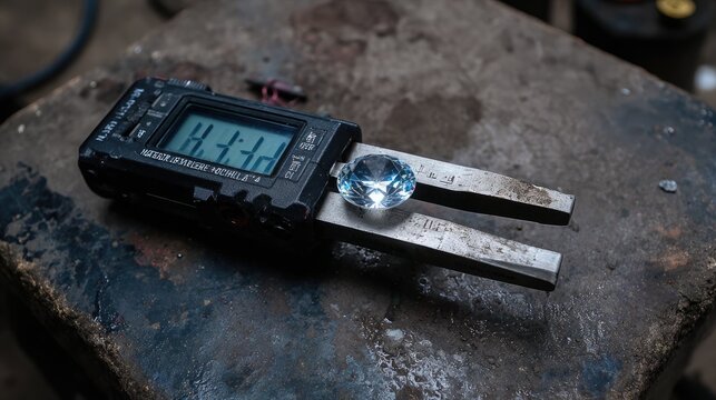 Digital caliper measuring gemstone diameter during quality control in workshop