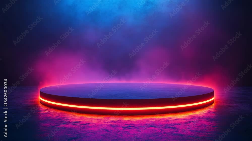 Aufkleber circular glowing platform with neon lights and colorful mist in a dark setting