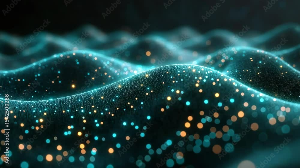 Poster waves of glowing particles in a dark space, 3d rendering of digital technology