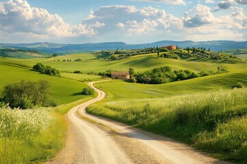 Obraz premium Wide countryside path through open terrain